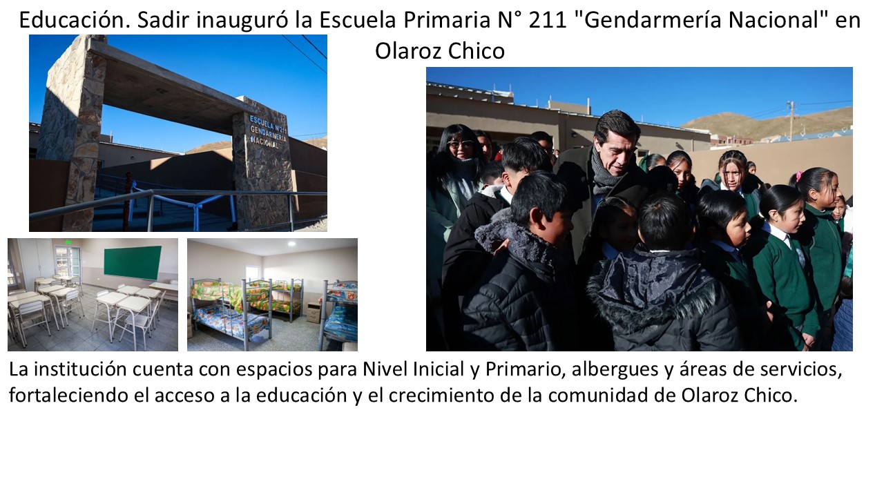 El gobernador Carlos Sadir encabezó la inauguración del nuevo edificio de la Escuela N° 211 “Gendarmería Nacional” de Olaroz Chico